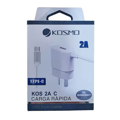 Cargador celular USB tipo C de 2A + usb extra Kosmo
