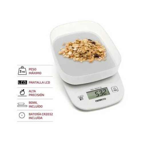 Balanza digital de cocina hasta 3kg con recipiente