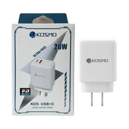 Cargador cabezal turbo 20w usb + tipo c hembra Kosmo