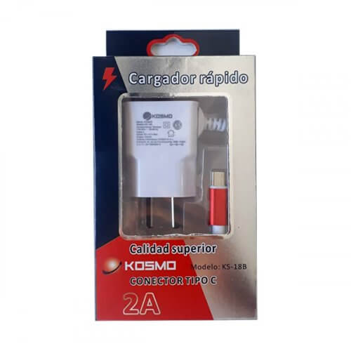 Cargador celular USB tipo C de 2A + usb extra Kosmo